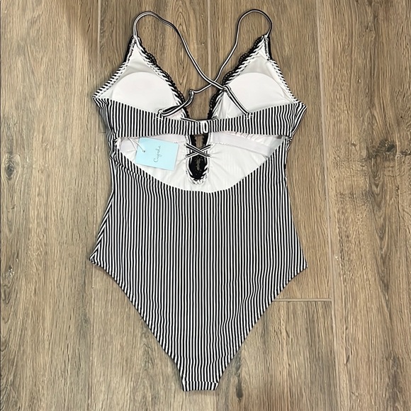 Cupshe Black White One Piece Swim Bathing Swim Suit Lace Wish You Well Stripe - Picture 9 of 14